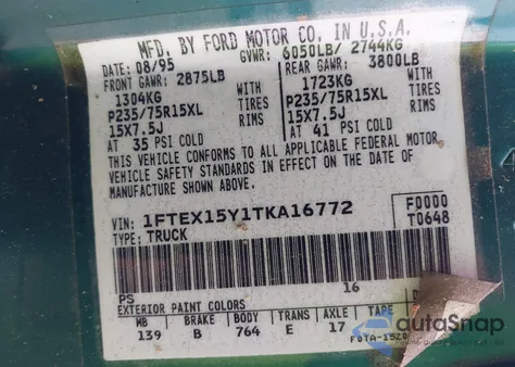 1996 Ford F150 from USA, damaged, VIN 1FTEX15Y1TKA16772